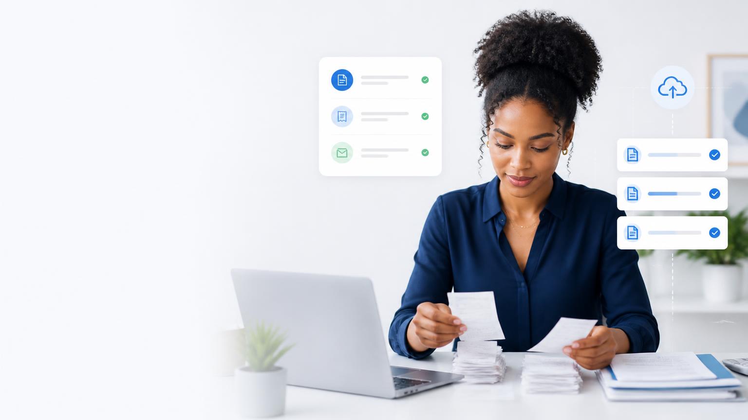A South African professional organising receipts and statements at a bright desk