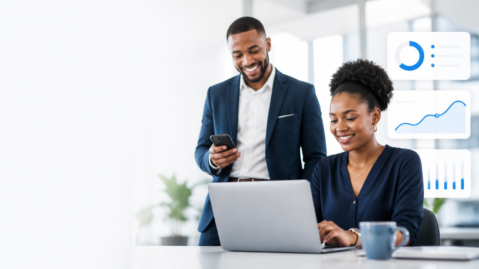 Two South African professionals reviewing their financial records on a laptop and phone