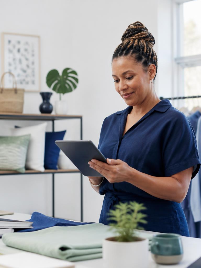 A small-business owner reviewing business records and financial information on a tablet